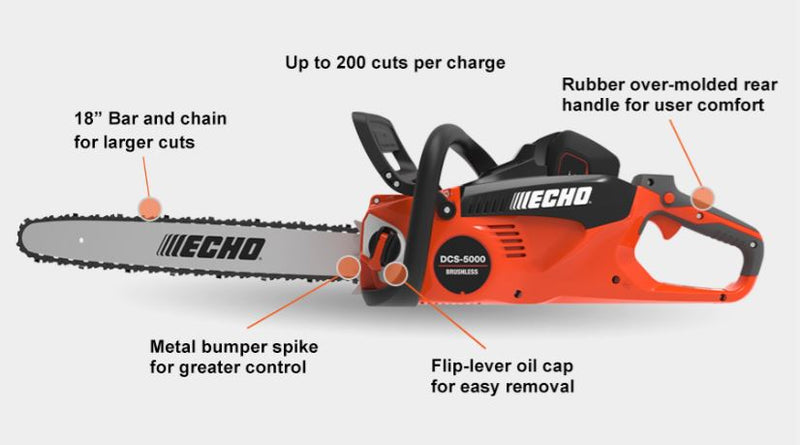 ECHO eFORCE 56-volt Chainsaw- Rear Handle with 5.0Ah Battery & Charger | DCS-5000-18C2